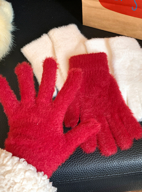 红色毛绒针织手套女秋冬季加厚骑行骑车保暖防寒防冻五指分指学生