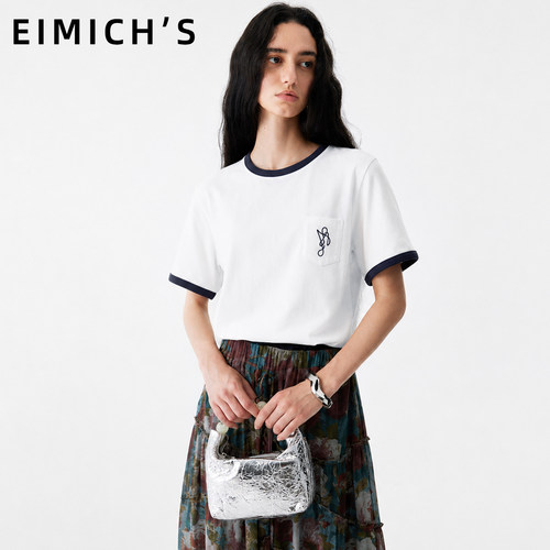 Eimich＇s/艾蜜雪撞色领T恤女短袖白色宽松百搭减龄上衣