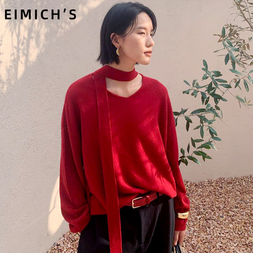 Eimich＇s/艾蜜雪轻熟优雅风V领飘带针织衫女套头毛衣独特上衣