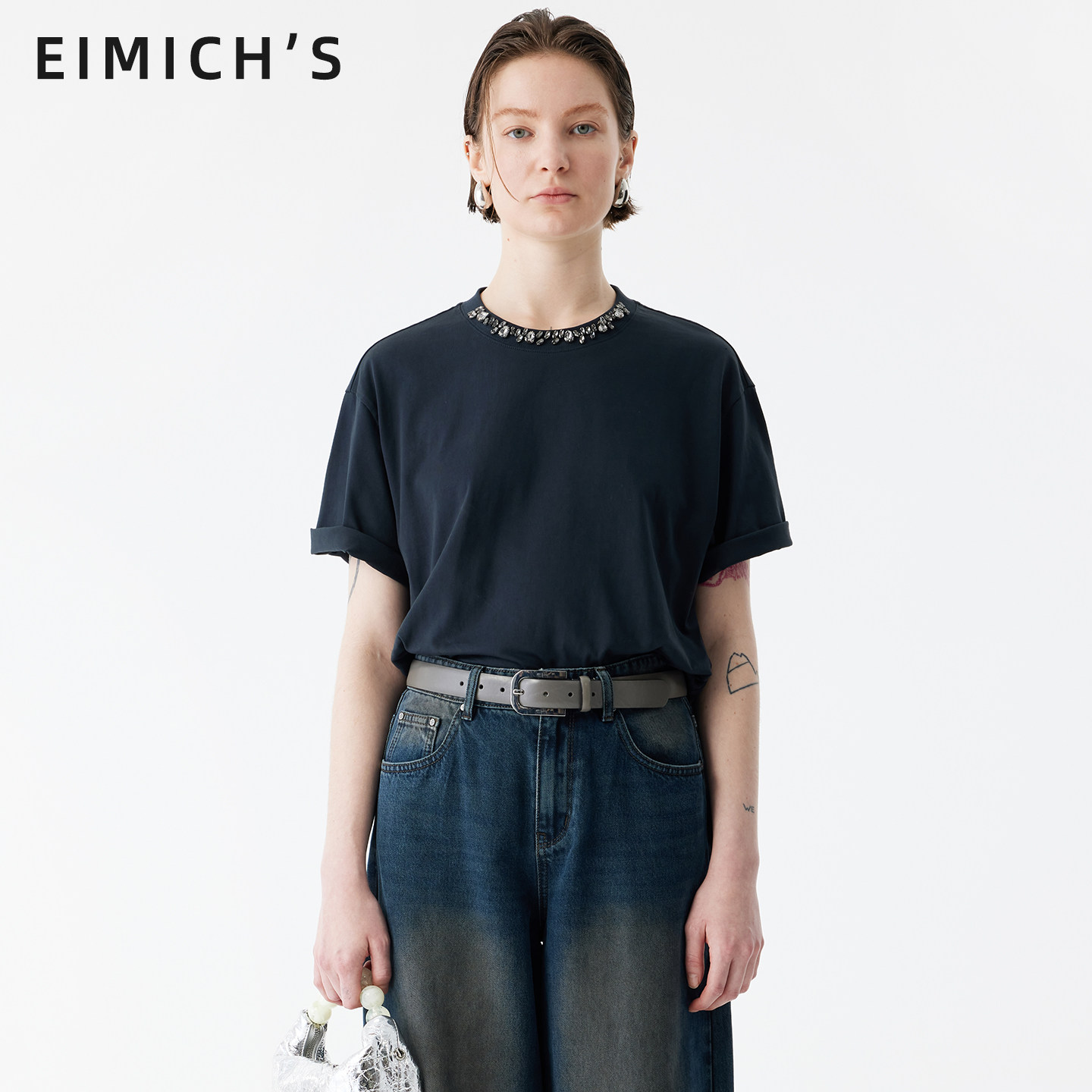 Eimich＇s/艾蜜雪灰色圆领短袖T恤女钻饰装饰基础款