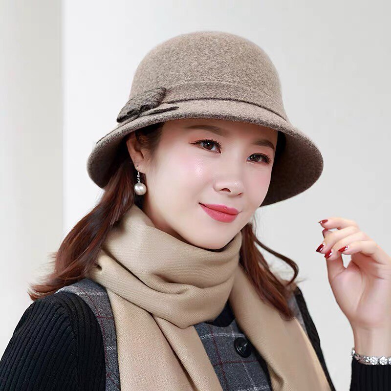 中老年羊毛呢渔夫帽女冬季保暖时尚帽子女秋冬百搭优雅显脸小盆帽