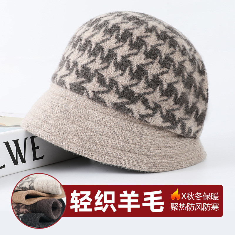 中老年时尚针织盆帽女秋冬季新款千鸟格保暖蓓蕾帽潮羊毛毛呢帽子