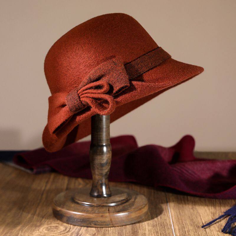 蝴蝶结羊毛盆帽优雅女士秋冬