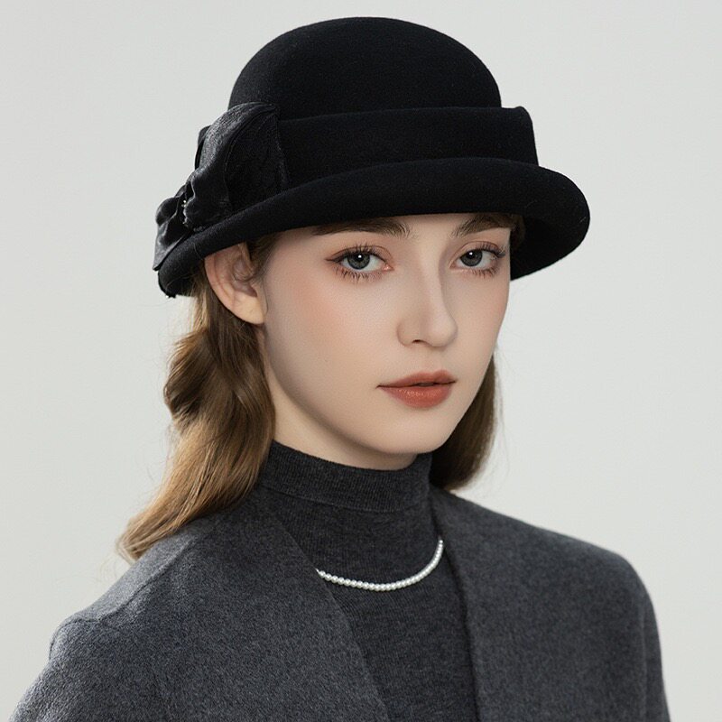 法式复古纯羊毛呢礼帽赫本风气质蝴蝶结帽子秋冬女士英伦盆帽