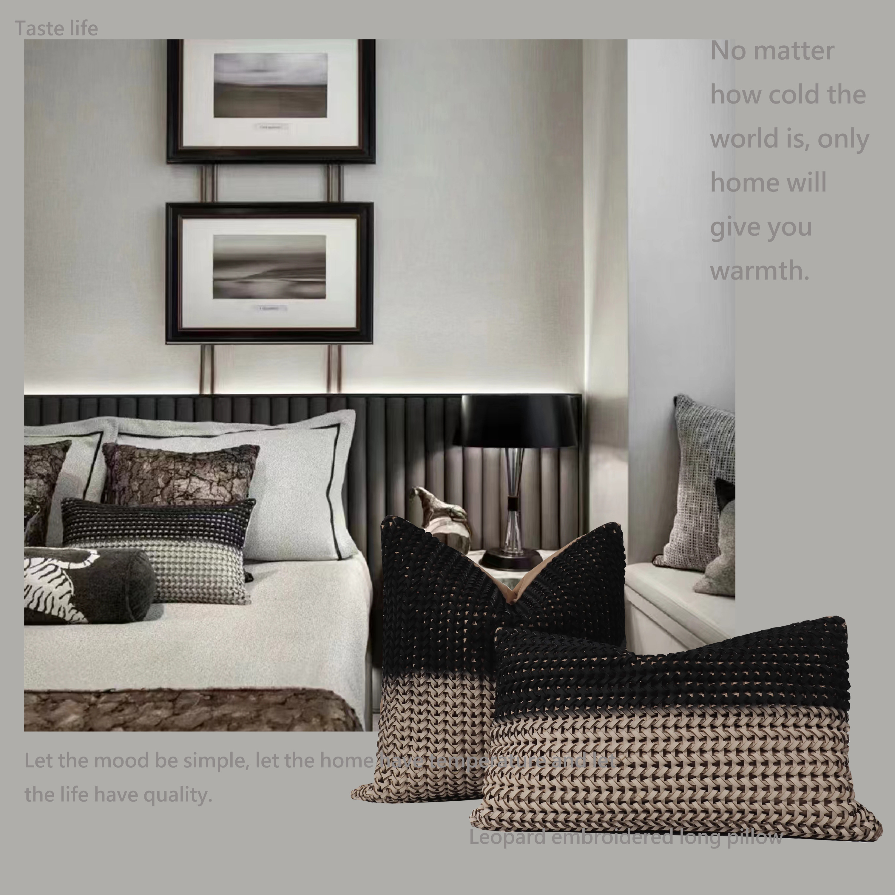 TIFFHOME原创家居米黑色渐变编织纹理拼接皮质抱枕别墅沙发靠垫套