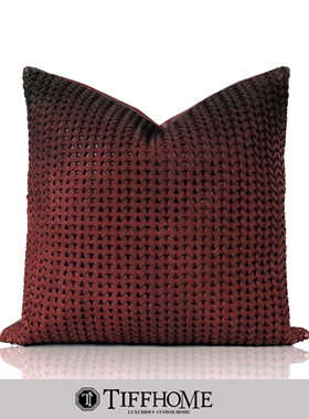 现代简约红色渐变色手工编织条纹理皮质抱枕靠垫别墅沙发装饰方抱
