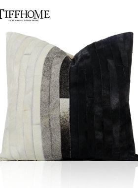 现代简约ins 方抱高级黑白灰真马毛拼接抱枕轻奢高端酒店沙发靠枕