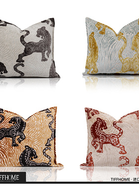 新中式轻奢进口割绒红色老虎绒布花沙发抱枕样板间设计师方枕腰枕