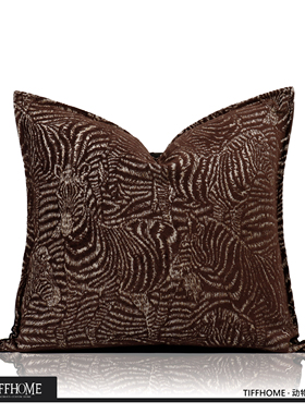 TIFFHOME样板间咖色轻奢骏马图案割绒高级客厅抱枕靠垫沙发靠枕套