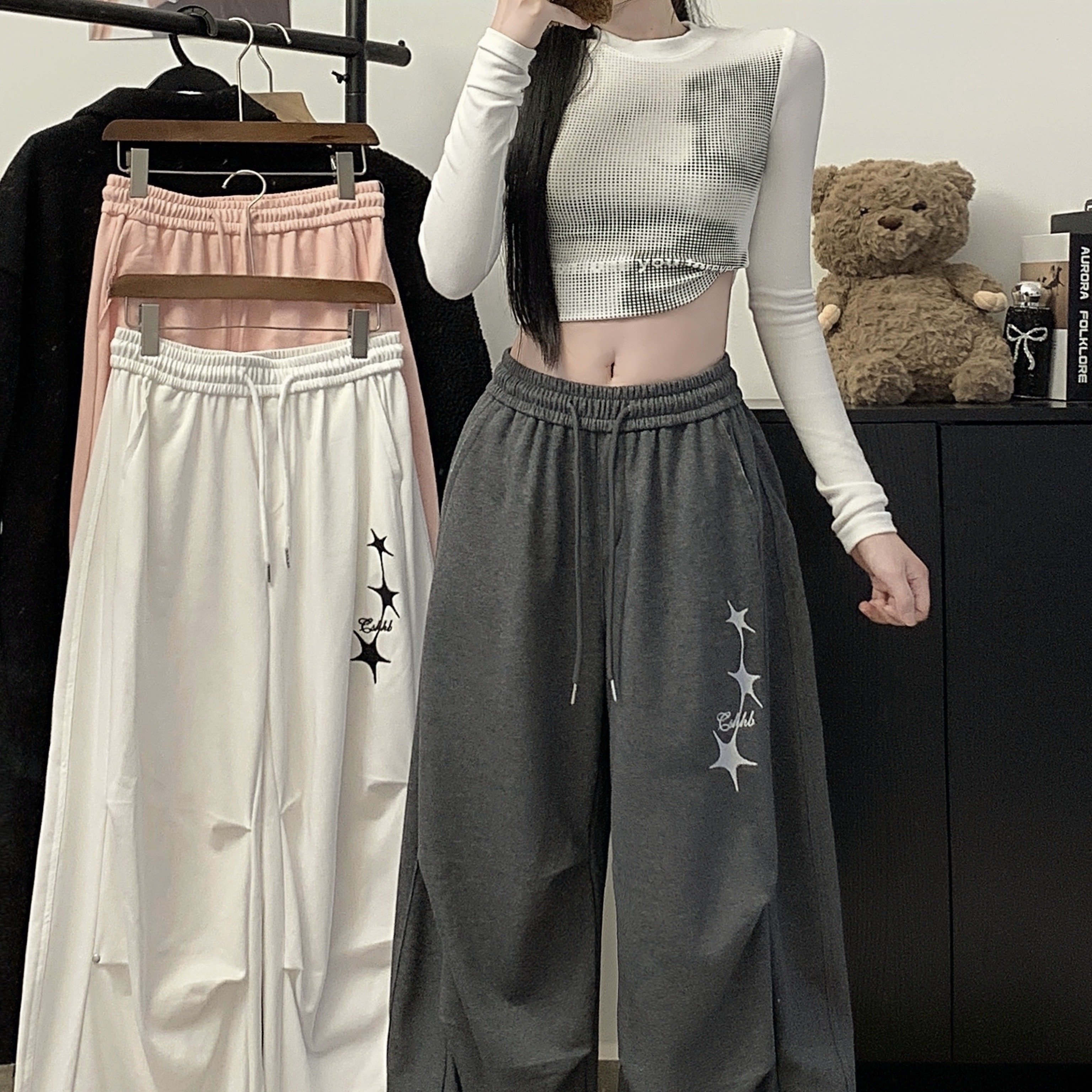 实拍街舞潮牌美式垂坠刺绣星星休闲弯刀卫裤女爵士简约跳舞运动裤