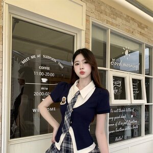 实拍 学院风jk套装夏季网红小熊假两件衬衫半身裙制服格子两件套