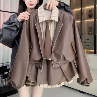 美式辣妹气质复古假两件皮衣外套半裙女装2025秋冬新款休闲风套装