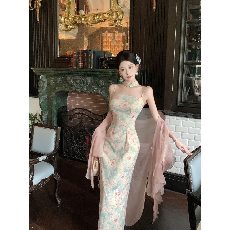 新中式国风旗袍夏少女挂脖温柔吊带气质复古无袖时尚旗袍连衣裙