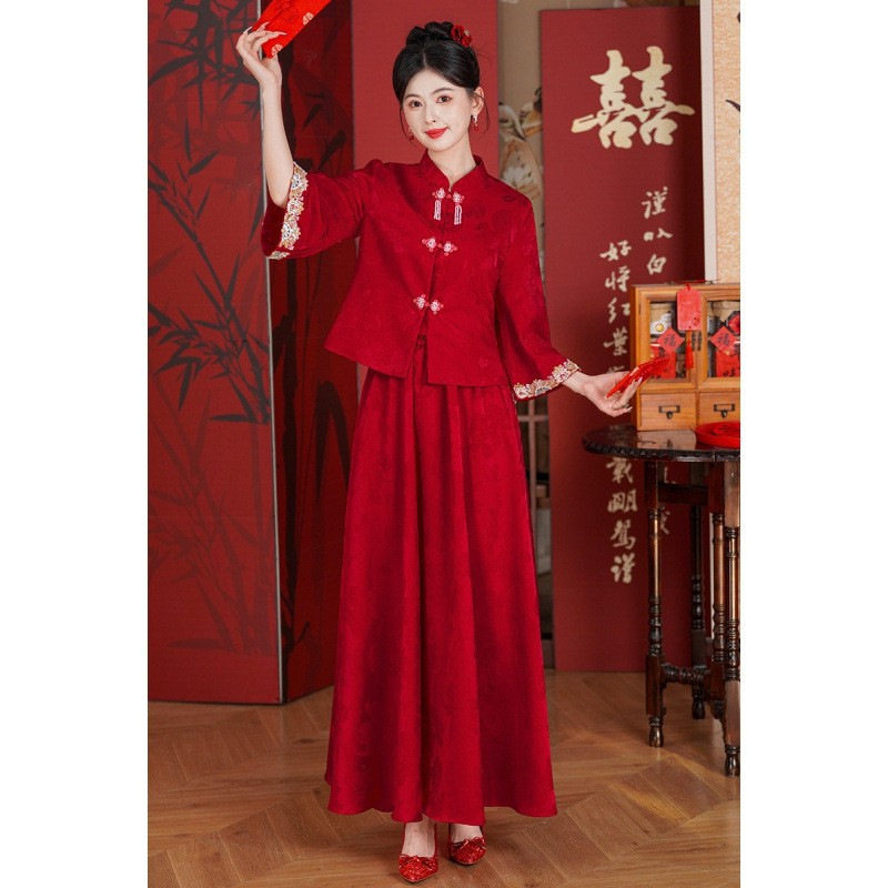 中国风新款红装改良秀禾服敬酒服新娘显瘦礼服套装简约小个子夏季