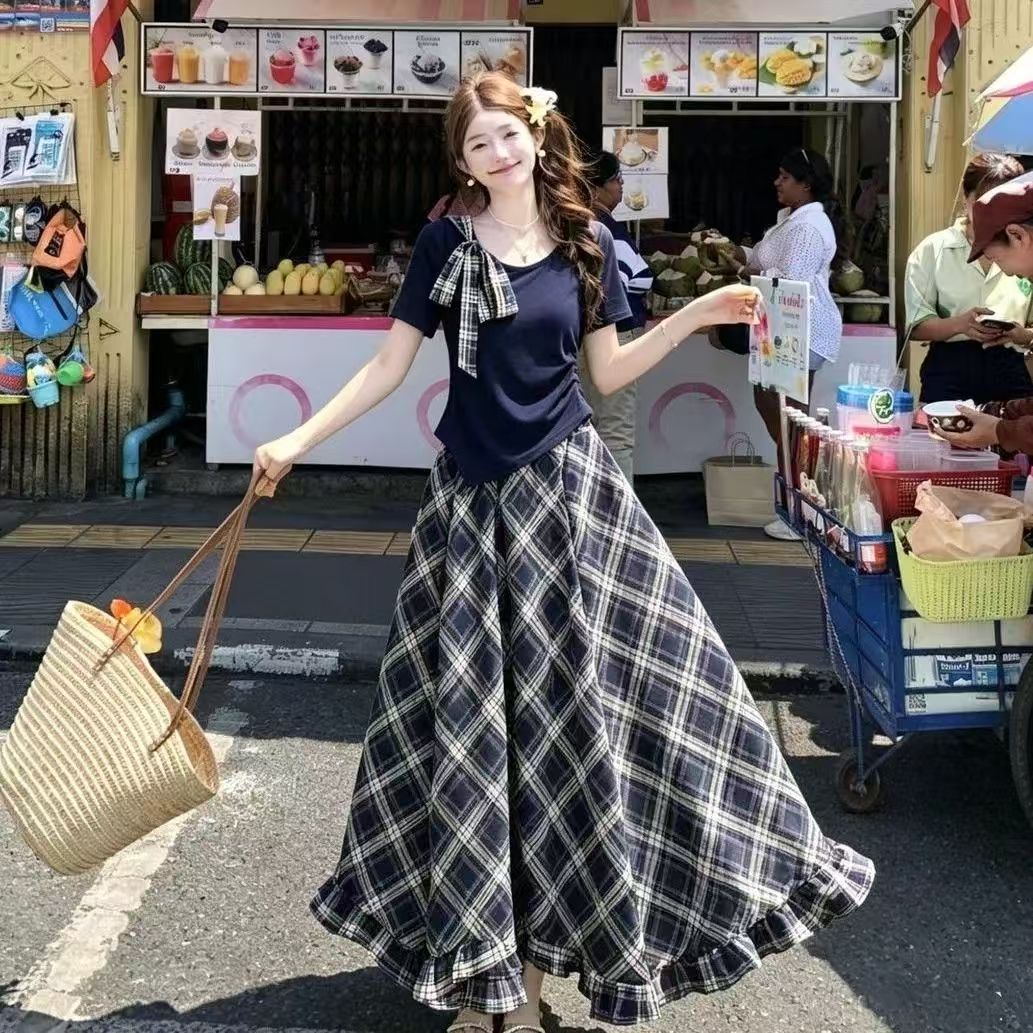 大码女装夏季套装胖mm遮肉显瘦露肩短袖上衣格子半身裙两件套