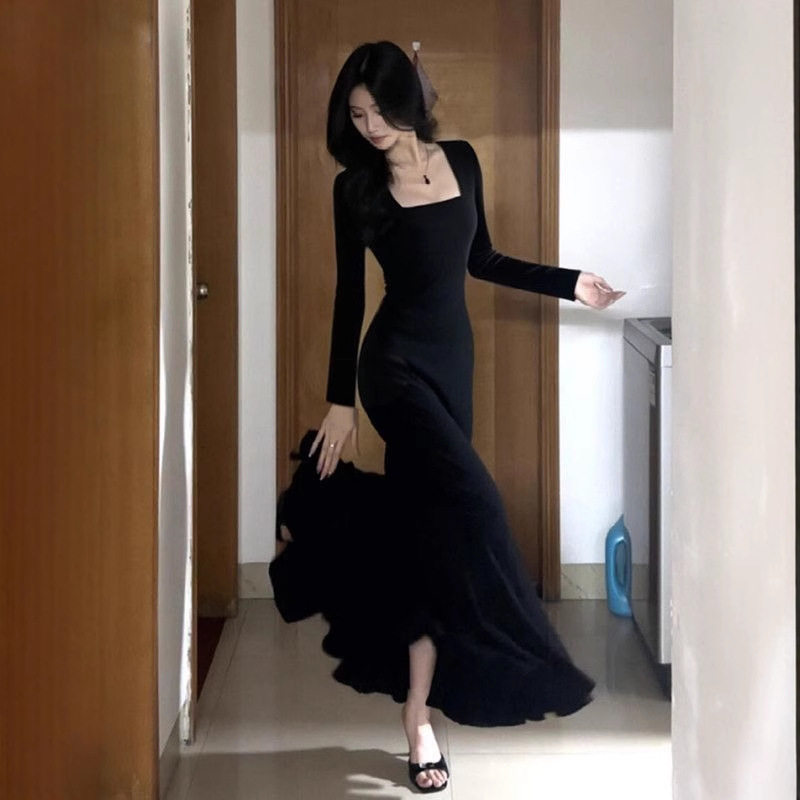 秋冬季大衣内搭针织长袖包臀裙子女黑色步步生莲长款鱼尾连衣裙