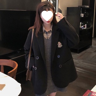 徽章毛呢外套女西装 宽松黑色中长款 领呢子大衣潮 韩版 2025秋冬新款