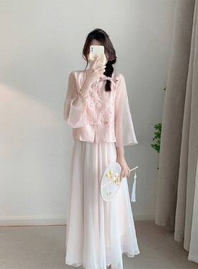 夏季新款唐装禅意风新中式改良汉服女装粉色飞袖连衣裙子两件套