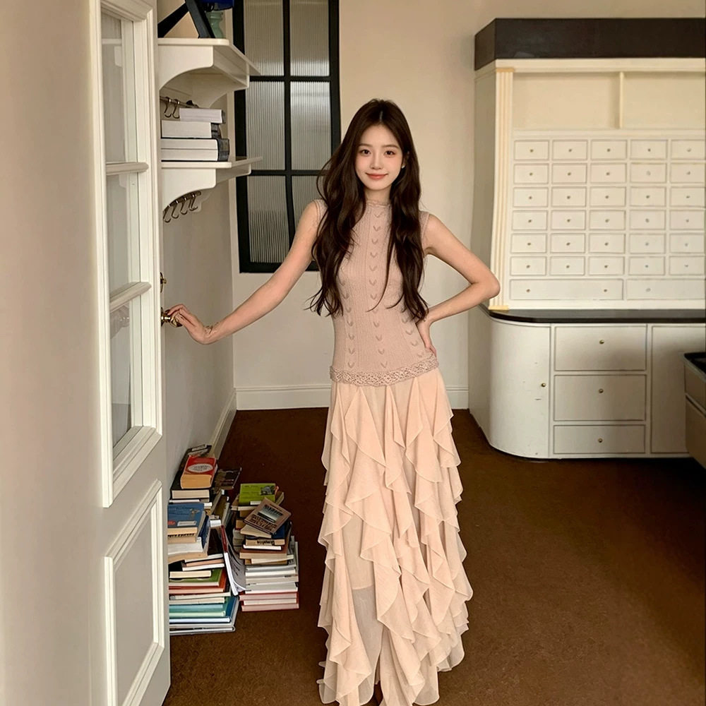 马儿MAR 法式复古针织手钩花拼接长款无袖连衣裙女夏季款层次裙摆
