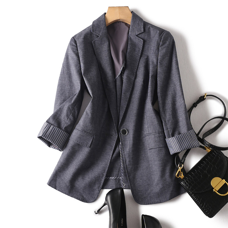 气质灰色系舒适透气含亚麻修身显瘦一粒扣翻边七分袖休闲西服外套