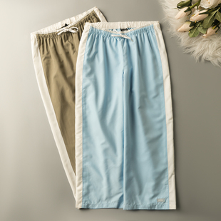 春款韩版外贸时尚侧条纹休闲裤百搭气质松紧腰系带直筒显瘦九分裤