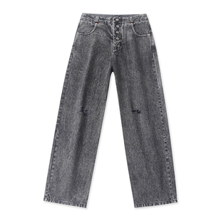 春秋外贸韩版新款  简约休闲  青春靓丽  四粒扣水洗破洞牛仔长裤