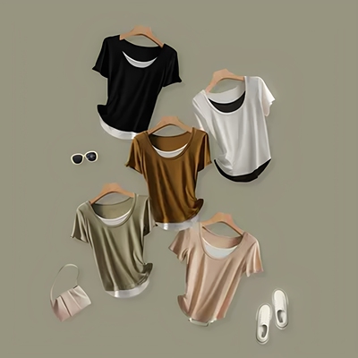 U领假两件拼接短袖套头T恤女