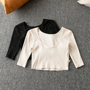 春秋外贸韩版新款 活泼减龄 青春靓丽 短款圆领中袖套头上衣