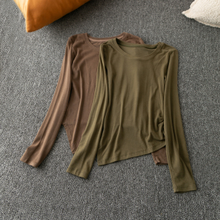 简约 时尚 百搭休闲 短款 套头T恤 春秋外贸韩版 圆领长袖 新款