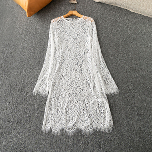 春夏外贸韩版新款  时尚休闲  减龄  圆领长袖套头蕾丝罩衫连衣裙