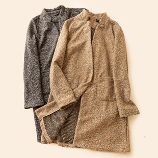 显瘦中长款 春秋款 一粒扣口袋混色呢外套 外贸翻领薄 呢大衣 女韩版