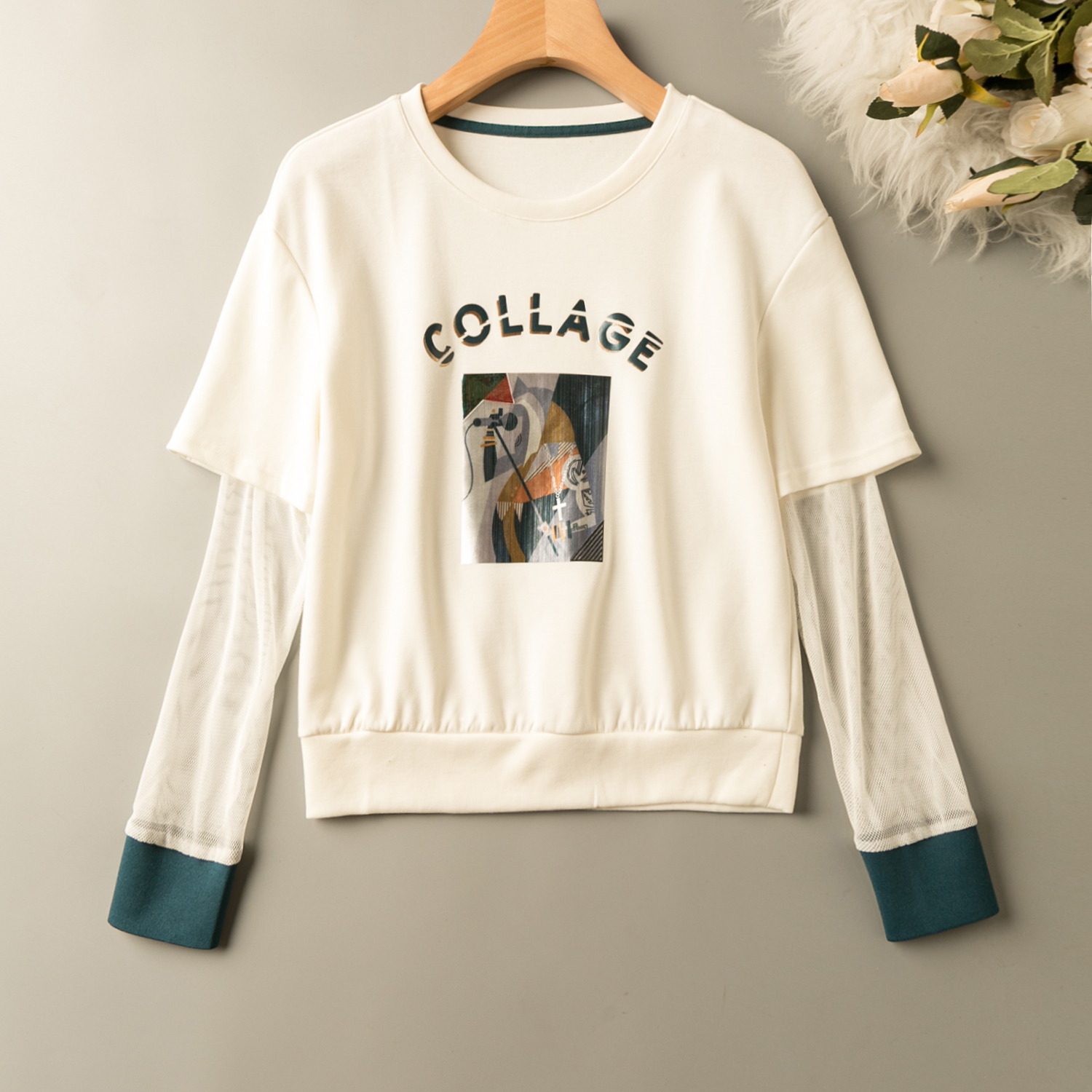 网纱拼接圆领短袖(长袖网纱)上衣