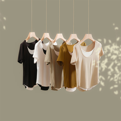 U领假两件拼接短袖套头T恤女