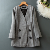 春秋款 上衣 直筒双排暗扣保暖休闲百搭长袖 时尚 女气质V领呢外套