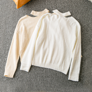 中领长袖 春秋外贸韩版 气质时尚 休闲百搭 镂肩毛线衣 新款