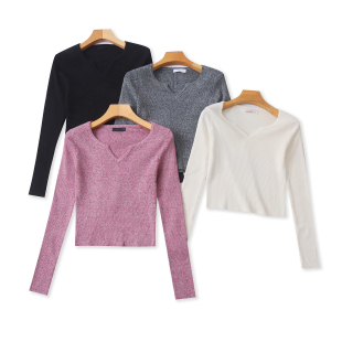 短款V领长袖套头针织打底衫女 竖坑修身短款长袖显瘦高腰内搭上衣