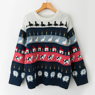 休闲圆领长袖 卡通图案可爱减龄 套头毛线衣 新款 秋冬外贸韩版