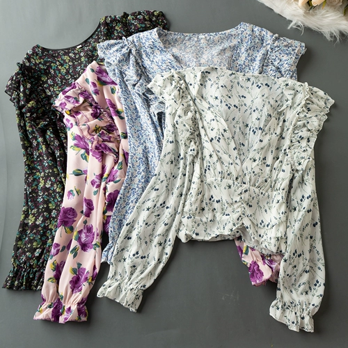 (Трансграничная торговля), летний модный свежий короткий лонгслив, комплект, в корейском стиле, цветочный принт, V-образный вырез