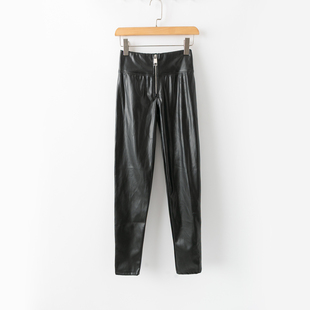 新款 长裤 百搭简约 拉链松紧腰皮裤 干练气质 春秋外贸韩版