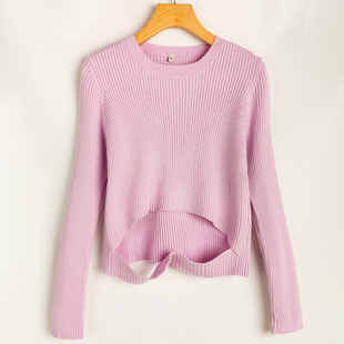 新款 圆领长袖 套头衫 下摆镂空 毛线衣 纯色减龄 春秋外贸韩版