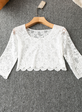 夏季外贸韩版新款  时尚减龄 气质  短款圆领中袖套头蕾丝衫17539