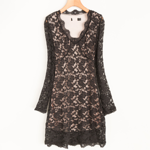 新款 V领长袖 套头裙 简约气质 连衣裙 蕾丝性感百搭 春秋外贸韩版