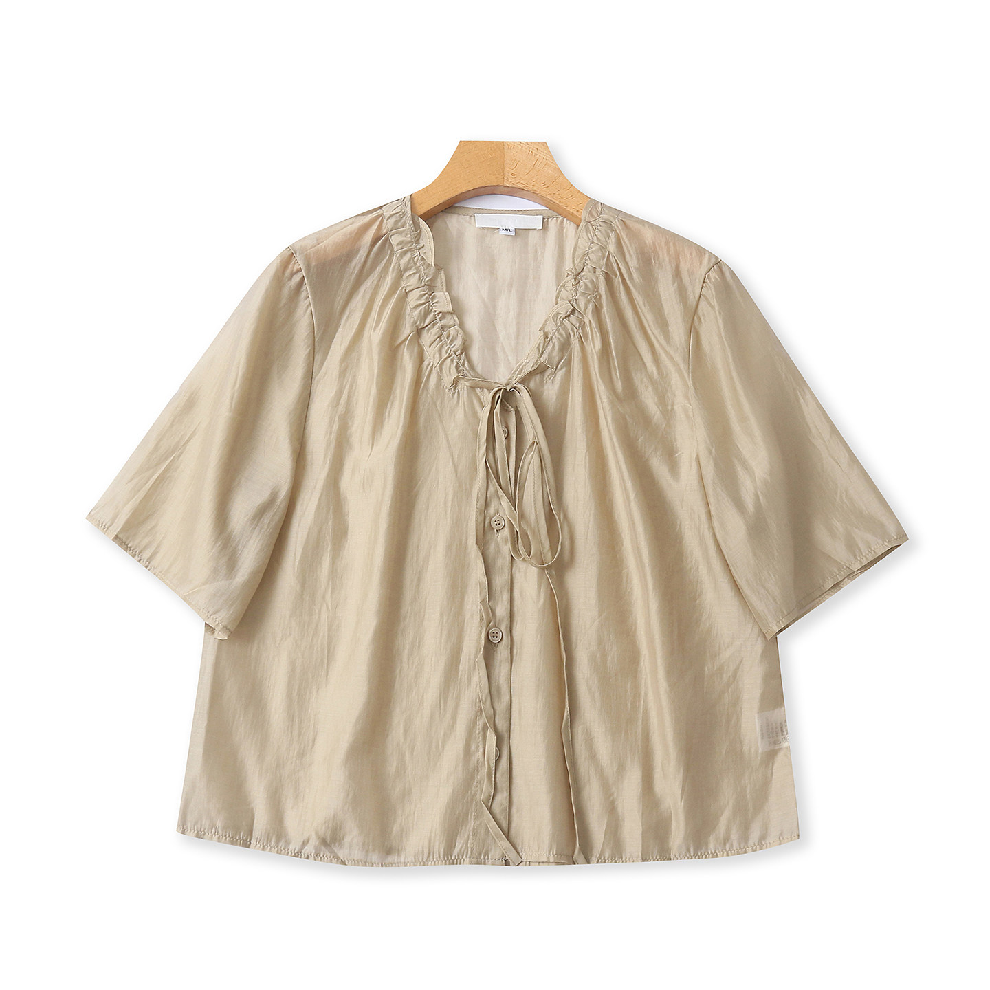 夏季外贸韩版新款  温柔百搭  休闲 木耳边系带V领短袖单排扣衬衫