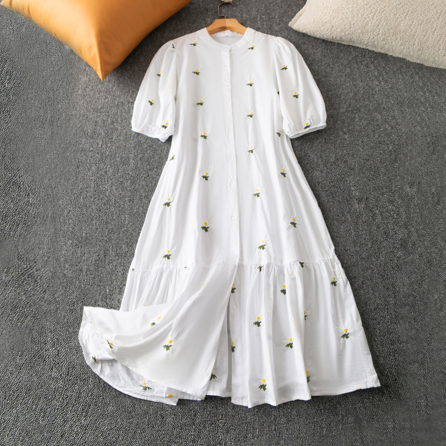 夏季外贸韩版新款   印花减龄百搭   休闲 圆领短袖单排扣连衣裙