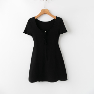 时尚 气质 经典 夏季 方领短袖 新款 百搭显瘦 连衣裙 外贸韩版