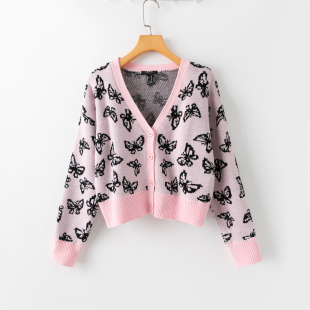 新款 单排扣提花毛线开衫 温柔气质 V领长袖 简约百搭 春秋外贸韩版