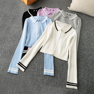 时尚 简约百搭 气质 短款 拉链毛线衣 春秋外贸韩版 翻领长袖 新款