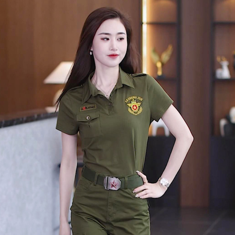迷彩服套装女翻领短袖夏季新款显瘦工装长裤休闲水兵舞两件套707