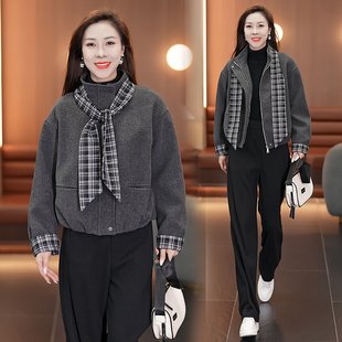 高级感立领夹棉格子拼接毛呢外套女秋冬款时尚短款加厚保暖棉衣女