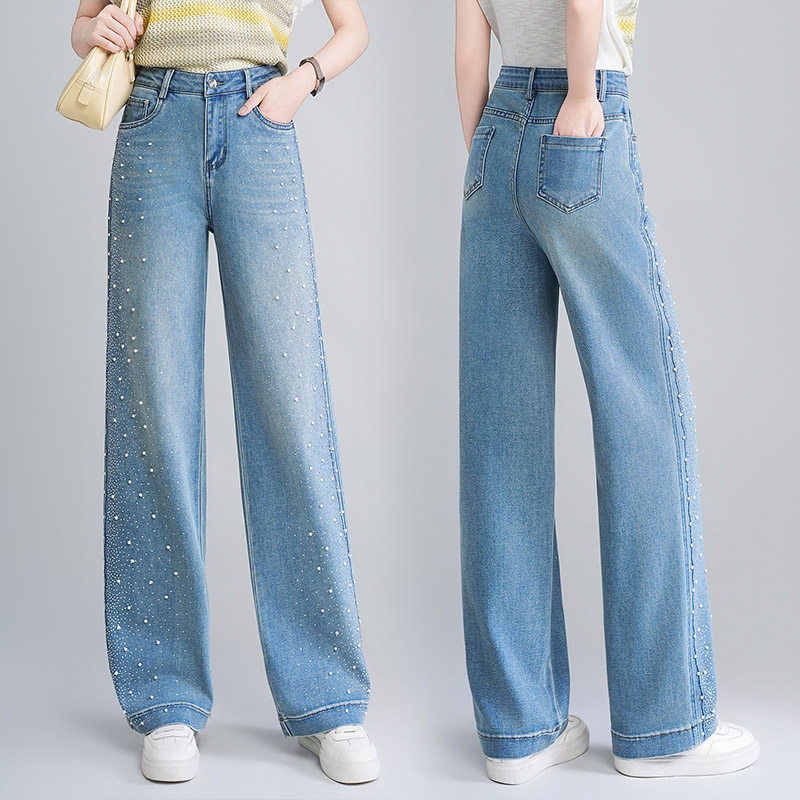 高档满天星钻牛仔裤女直筒长裤2026年春季新款高腰显瘦九分直筒裤